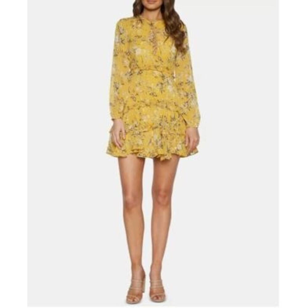 Bardot Romantic Laced Mini Dress 8 | Yellow Floral Cottagecore Tiered Ruffle